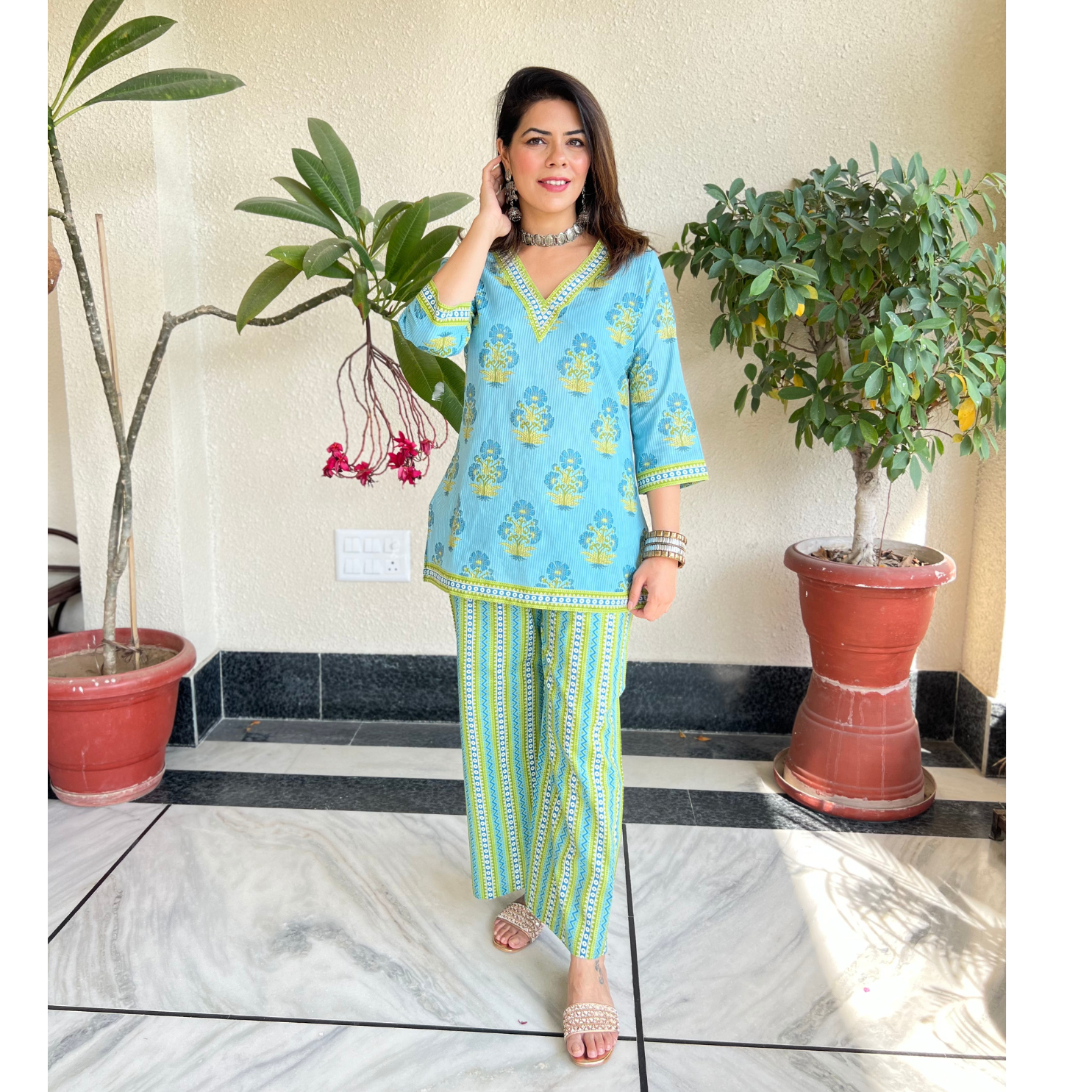 Women Printed Cotton Tunic with Palazzos