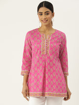 Pink  Printed Sequinned Pure Cotton Kurti