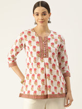 White Printed Sequinned Pure Cotton Kurti