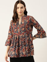 Blue Pintucks Paisley Print Cotton Top