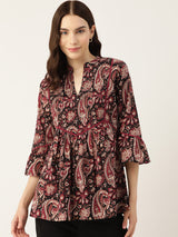 Black Pintucks Paisley Print Cotton Top