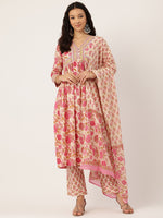 Floral Printed Empire Sequinned Pure Cotton Kurta With Trousers & Dupatta