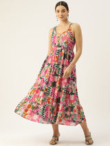 Multi Shoulder Strapped Floral Printed Fit and Flared Pure Cotton Midi Dress