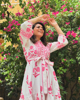 White & Pink Mughal Printed Tier Cotton Dress