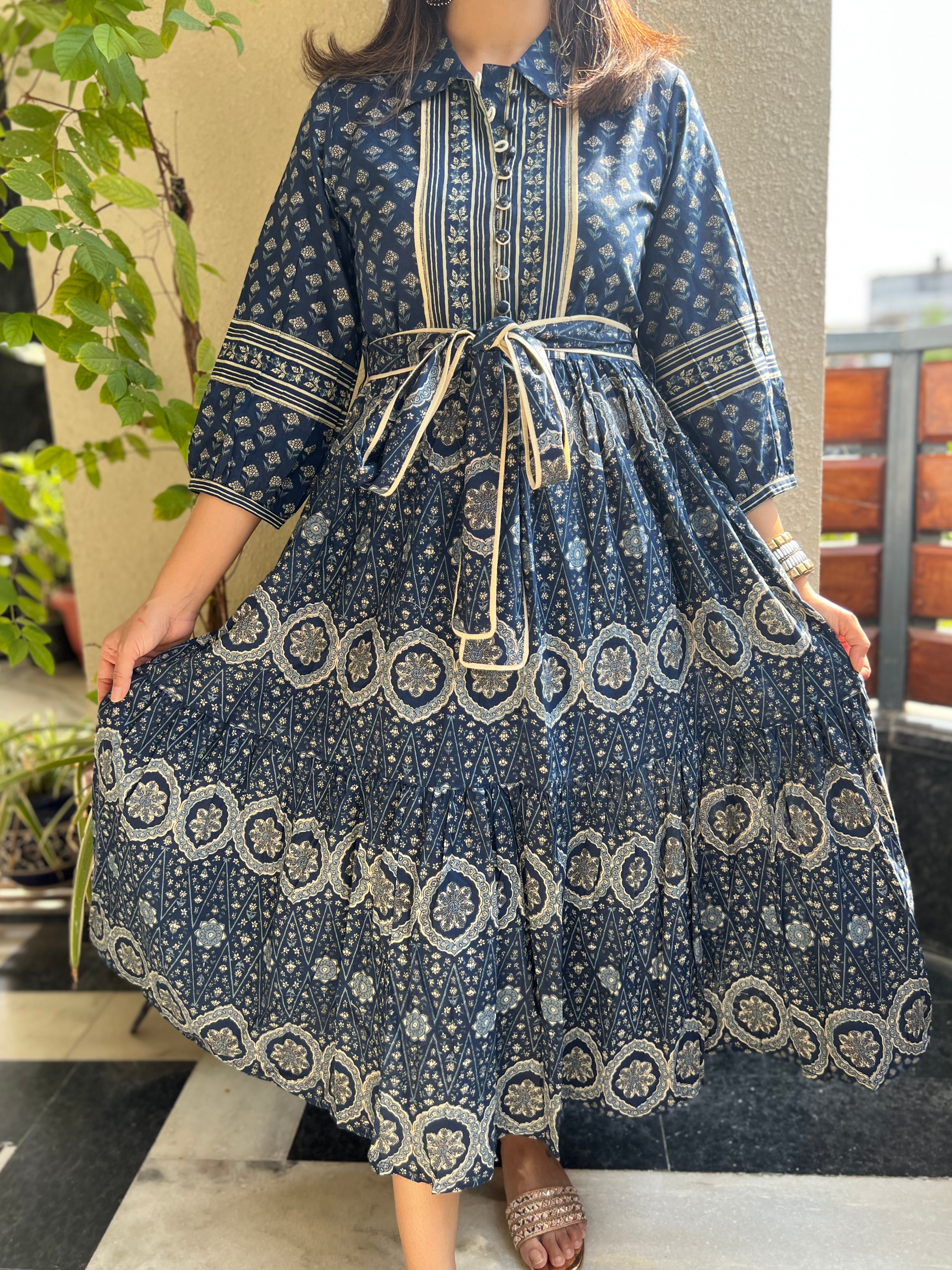 Navy Blue Printed Tier Dress