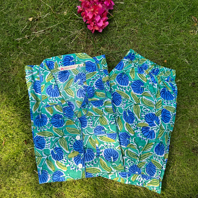 Green & Blue Handblock printed short lounge set