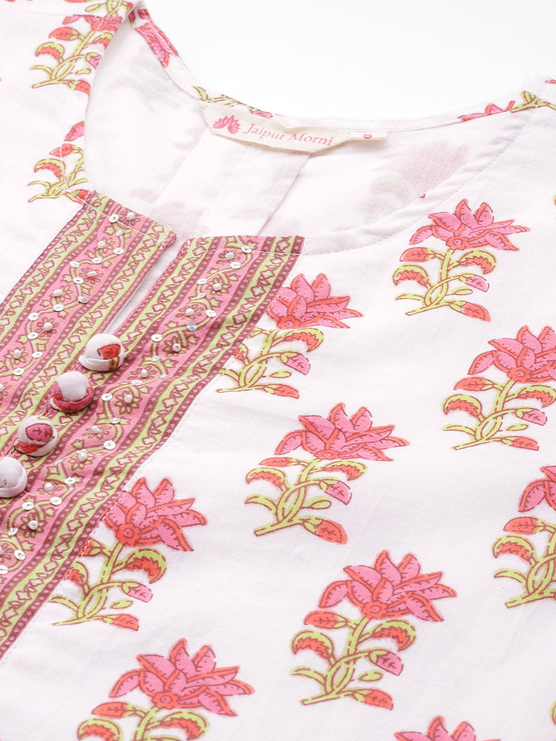 White Printed Sequinned Pure Cotton Kurti