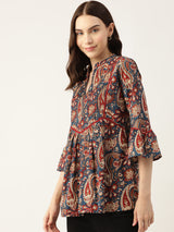 Blue Pintucks Paisley Print Cotton Top