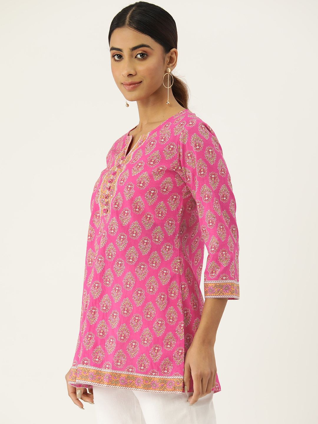 Pink  Printed Sequinned Pure Cotton Kurti