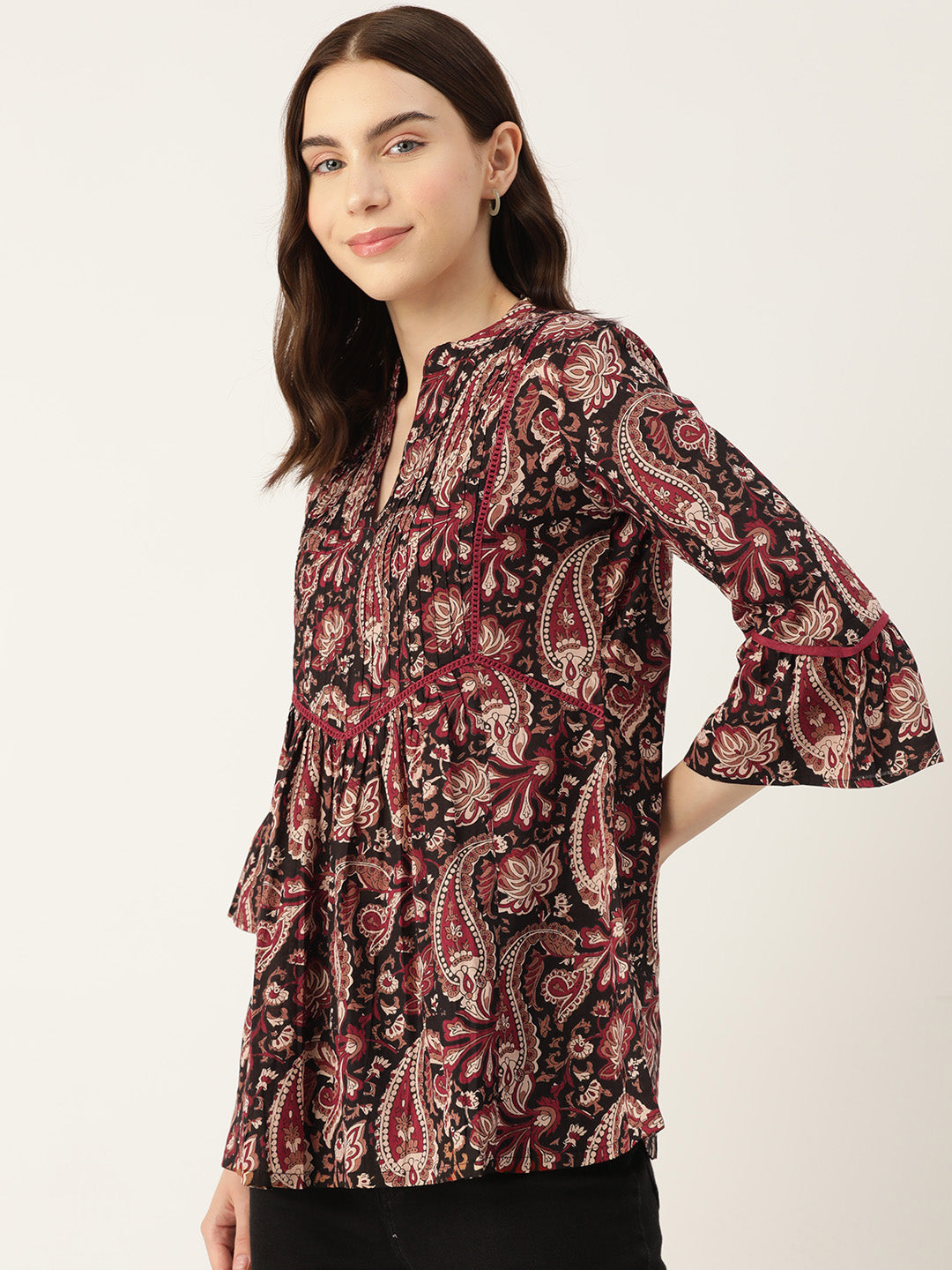 Black Pintucks Paisley Print Cotton Top