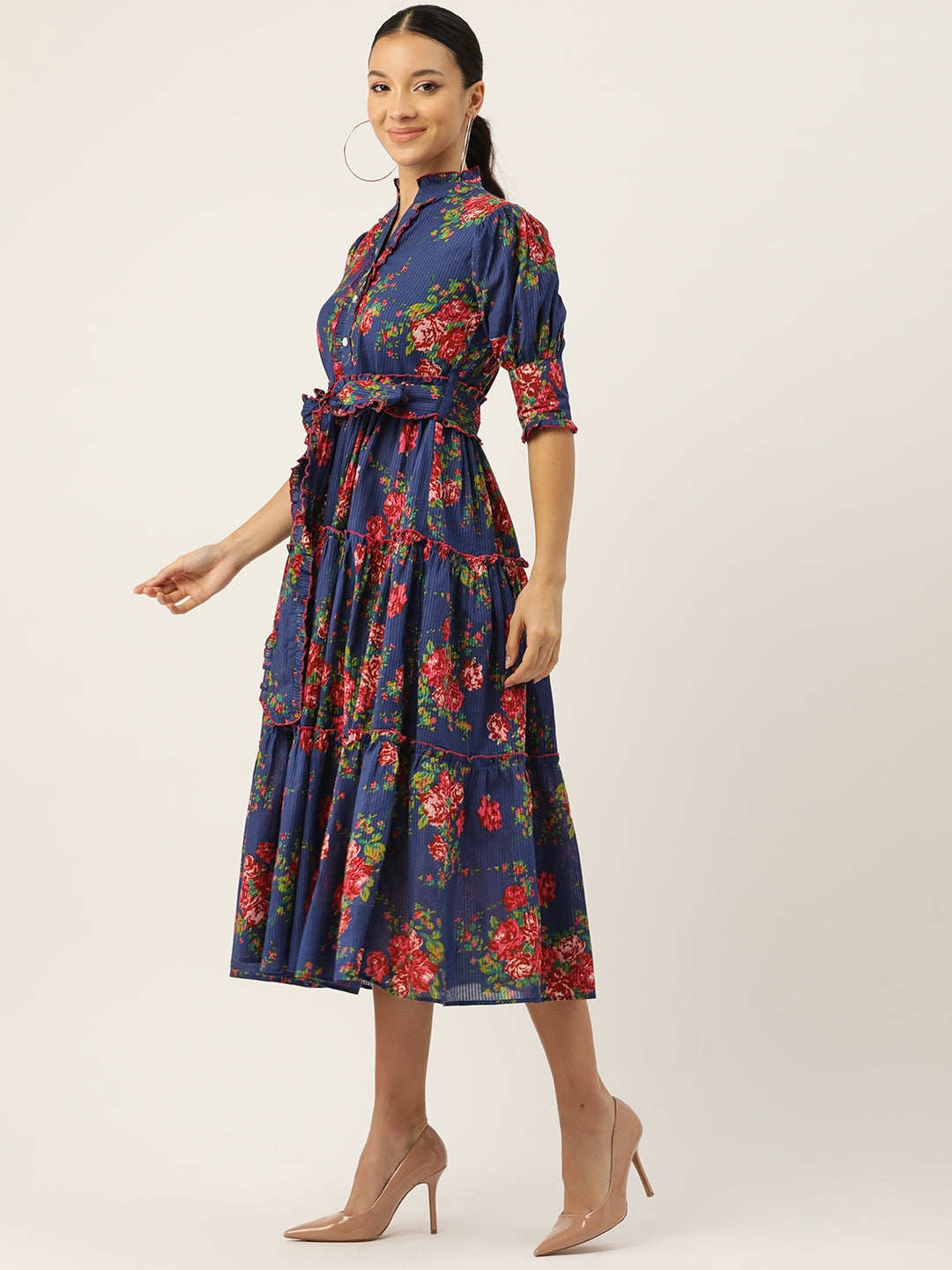 Blue Floral Print Puff Sleeve Fit & Flare Midi Dress