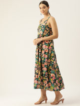 Green Shoulder Strapped Floral Printed Fit and Flared Pure Cotton  Dress