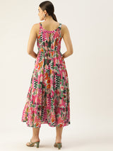 Multi Shoulder Strapped Floral Printed Fit and Flared Pure Cotton Midi Dress