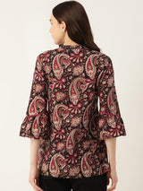 Black Pintucks Paisley Print Cotton Top