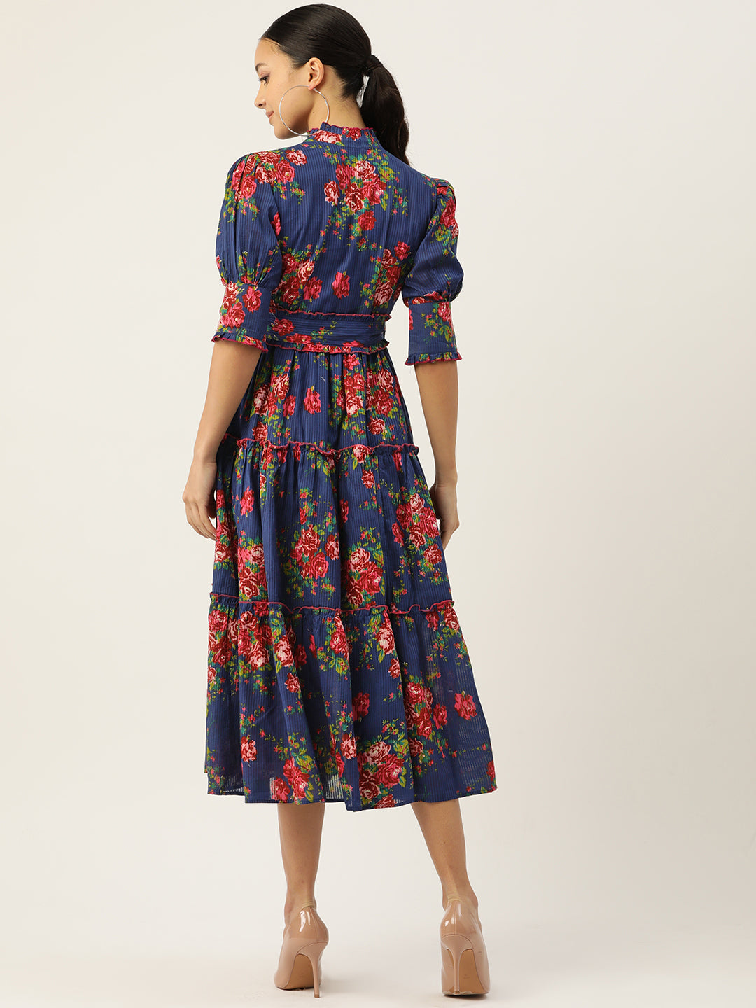 Blue Floral Print Puff Sleeve Fit & Flare Midi Dress