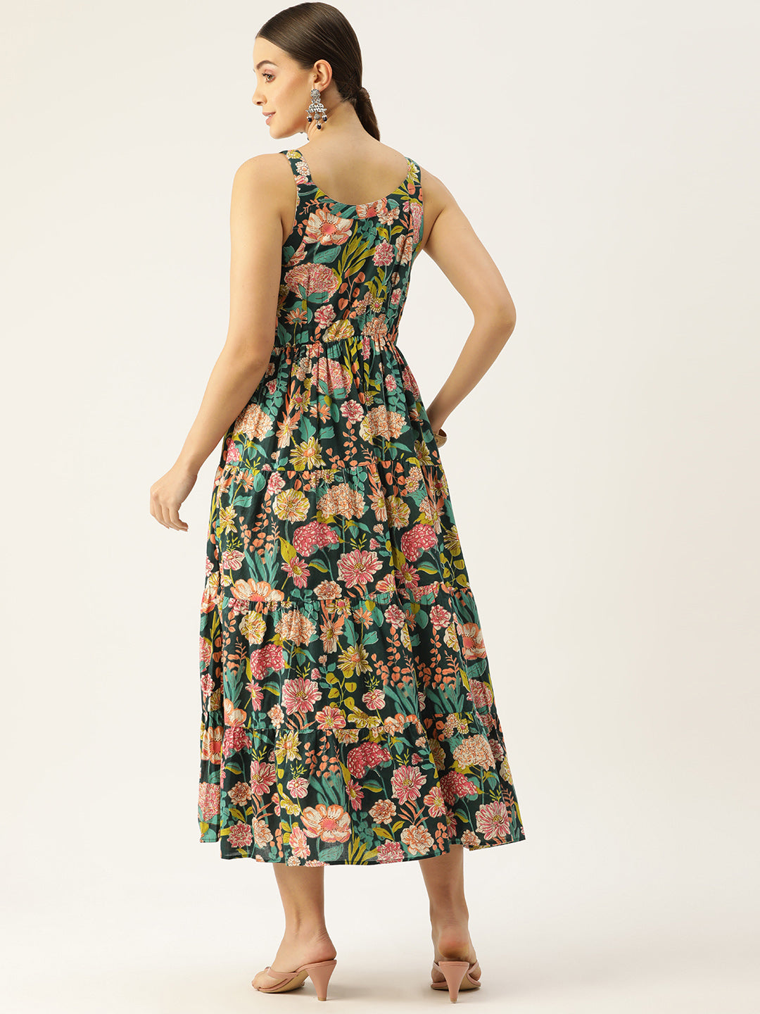 Green Shoulder Strapped Floral Printed Fit and Flared Pure Cotton  Dress