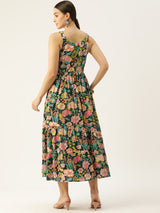 Green Shoulder Strapped Floral Printed Fit and Flared Pure Cotton  Dress