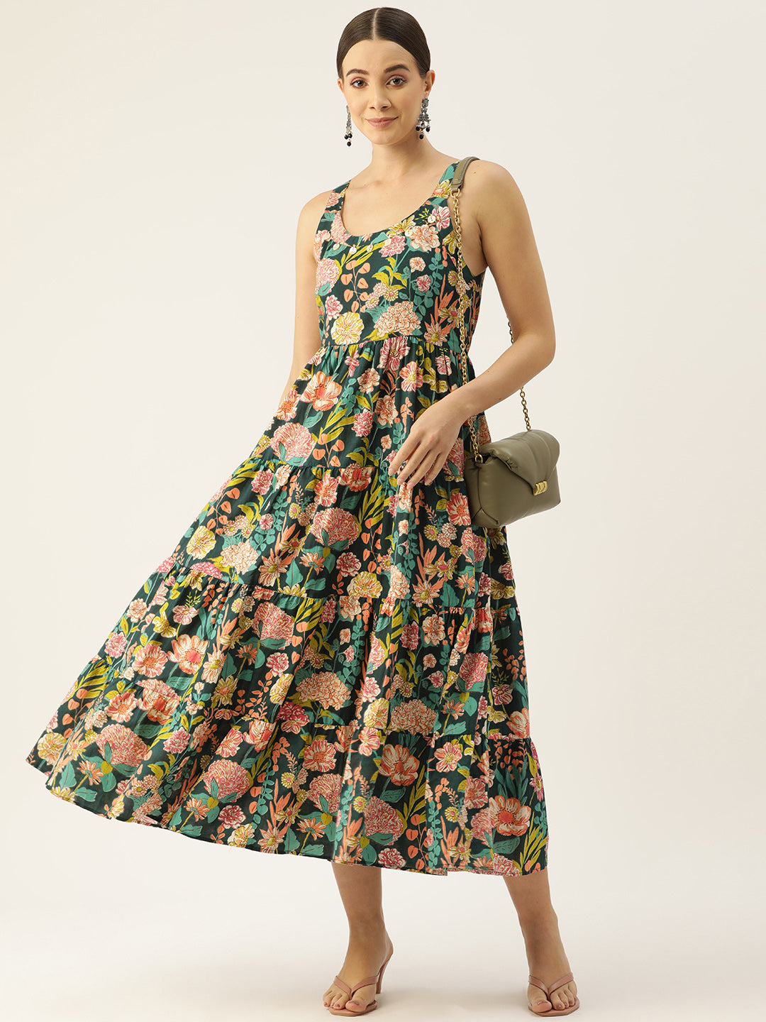 Green Shoulder Strapped Floral Printed Fit and Flared Pure Cotton  Dress