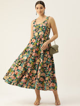 Green Shoulder Strapped Floral Printed Fit and Flared Pure Cotton  Dress