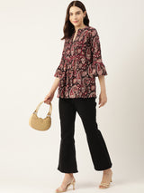 Black Pintucks Paisley Print Cotton Top