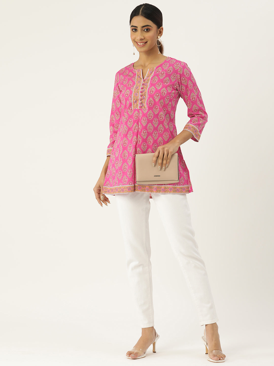 Pink  Printed Sequinned Pure Cotton Kurti