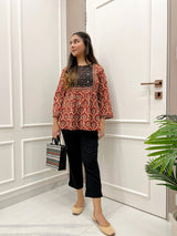 Maroon Cotton Ethnic Hand Block Print A-Line Top