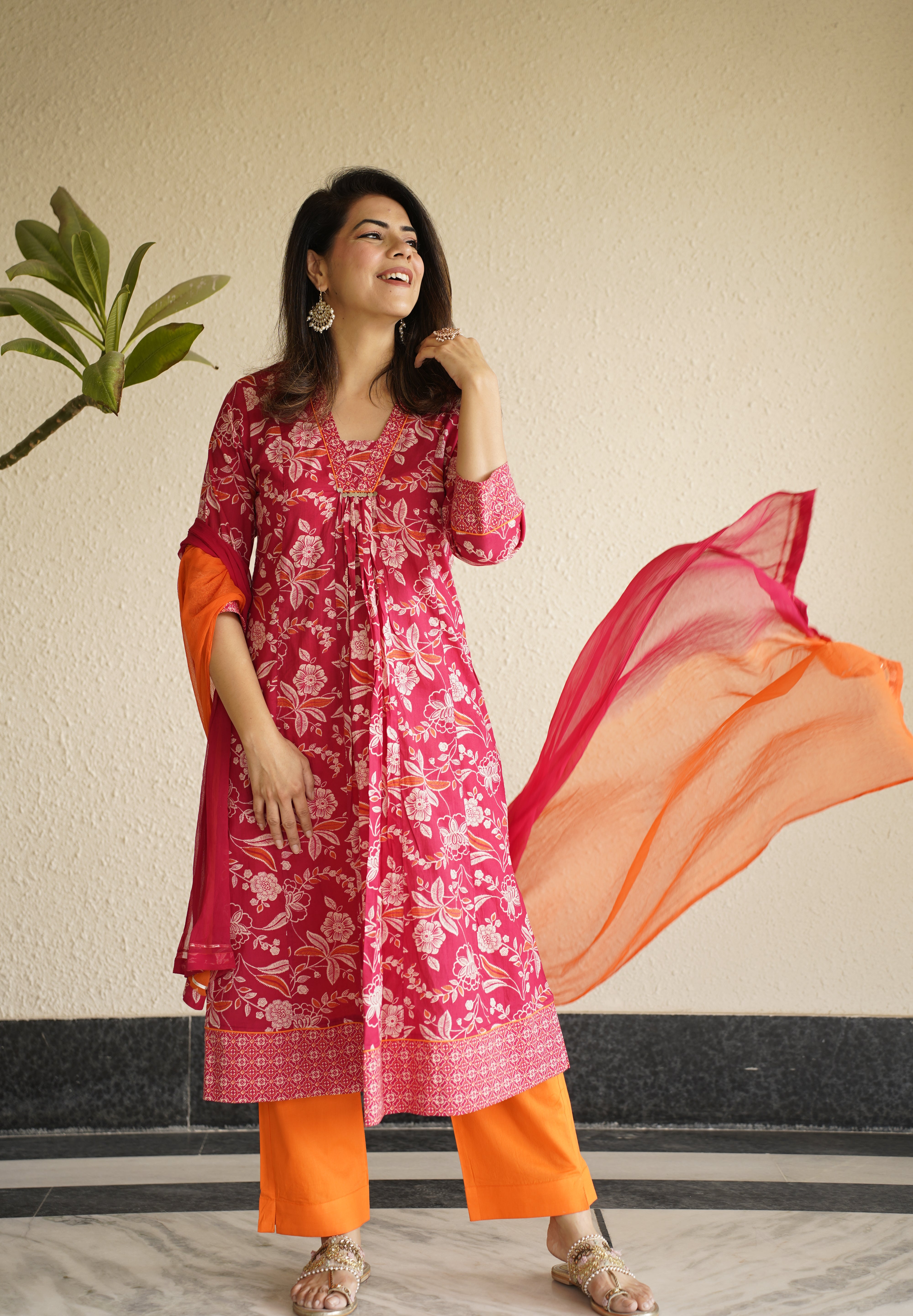 Meher Pink Printed Sequinned Pure Cotton Kurta with Trousers & Dupatta