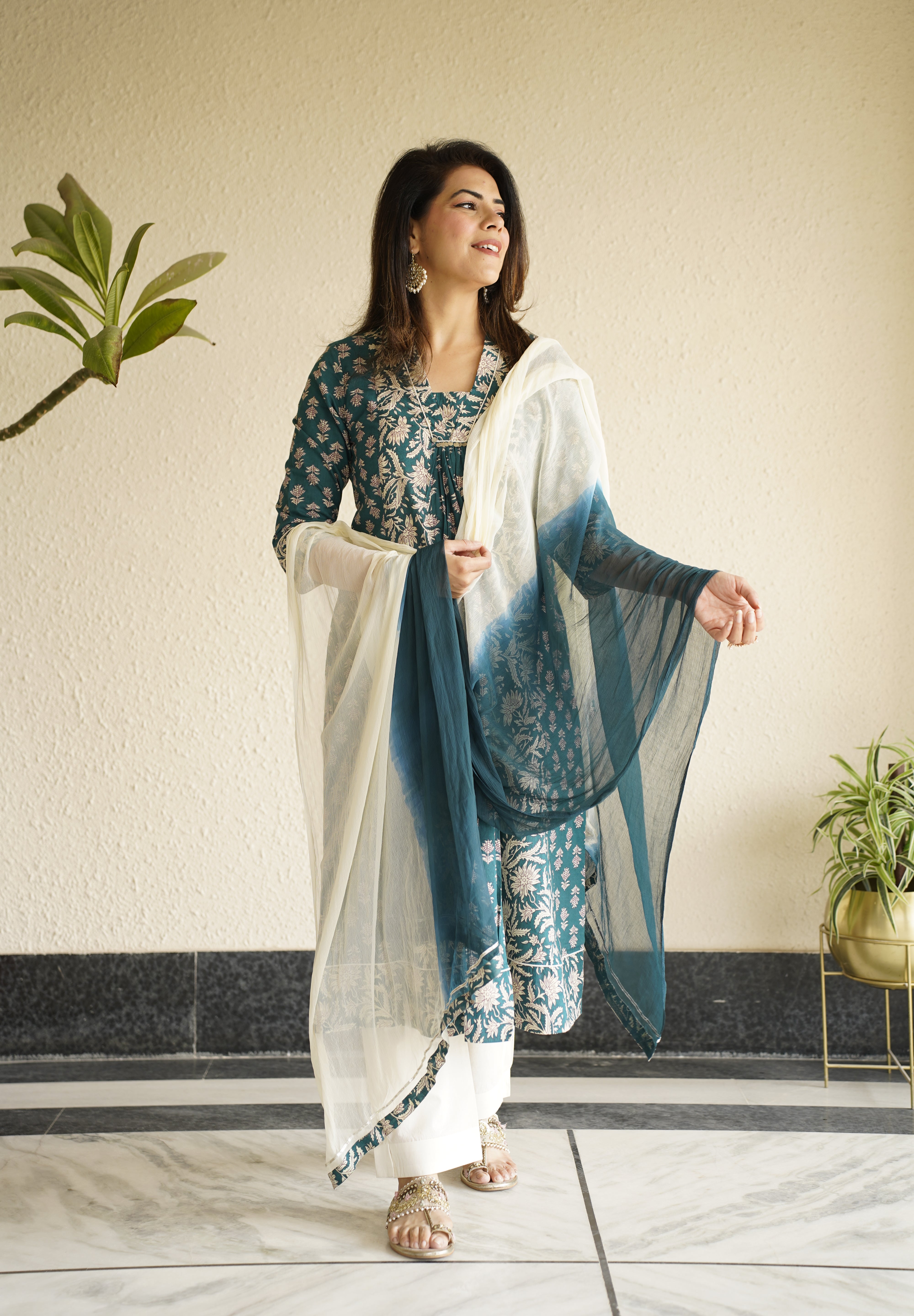 Meher Green Printed Sequinned Pure Cotton Kurta with Trousers & Dupatta