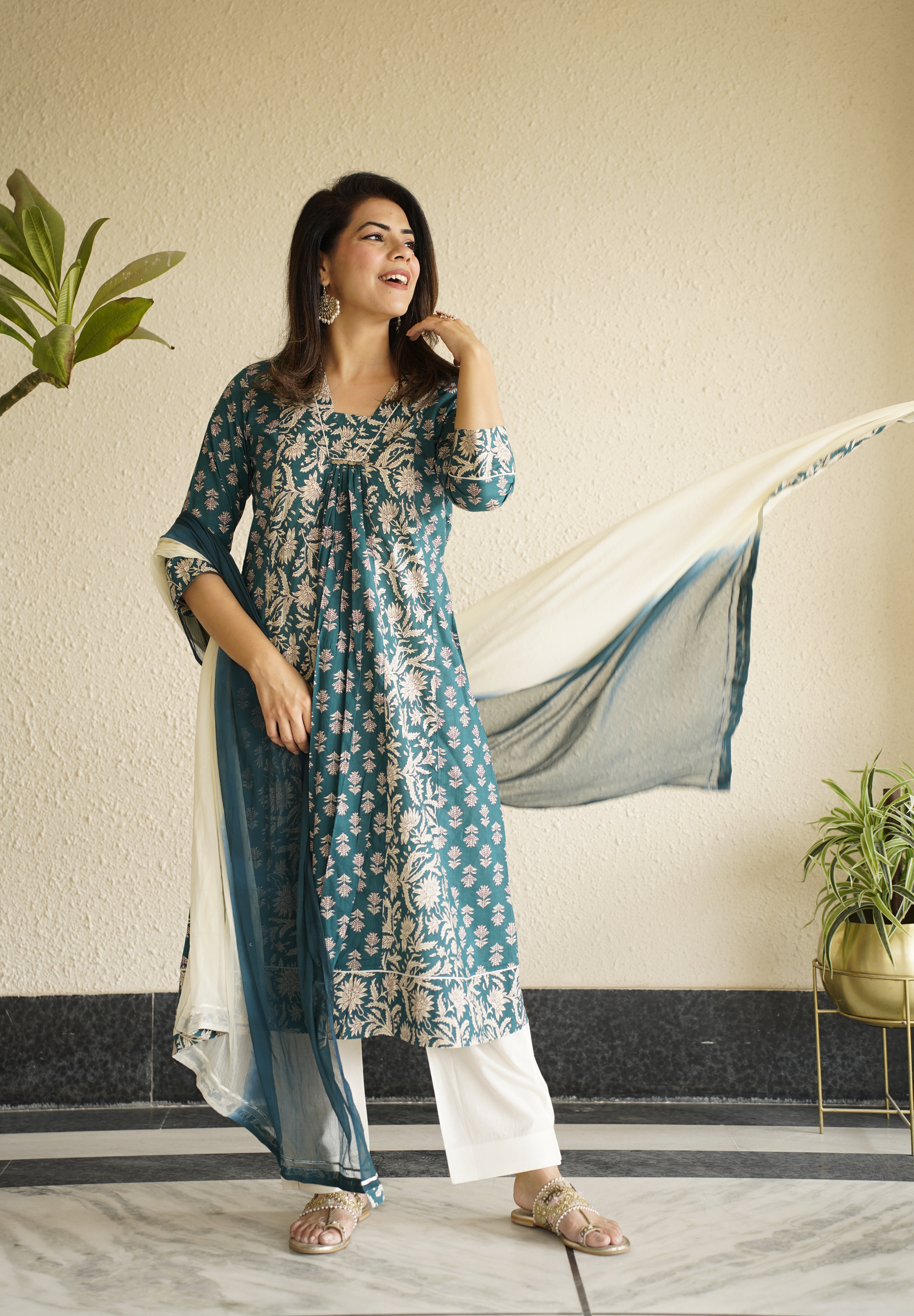 Meher Green Printed Sequinned Pure Cotton Kurta with Trousers & Dupatta