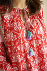 Ganga Red Floral Print Cotton Top