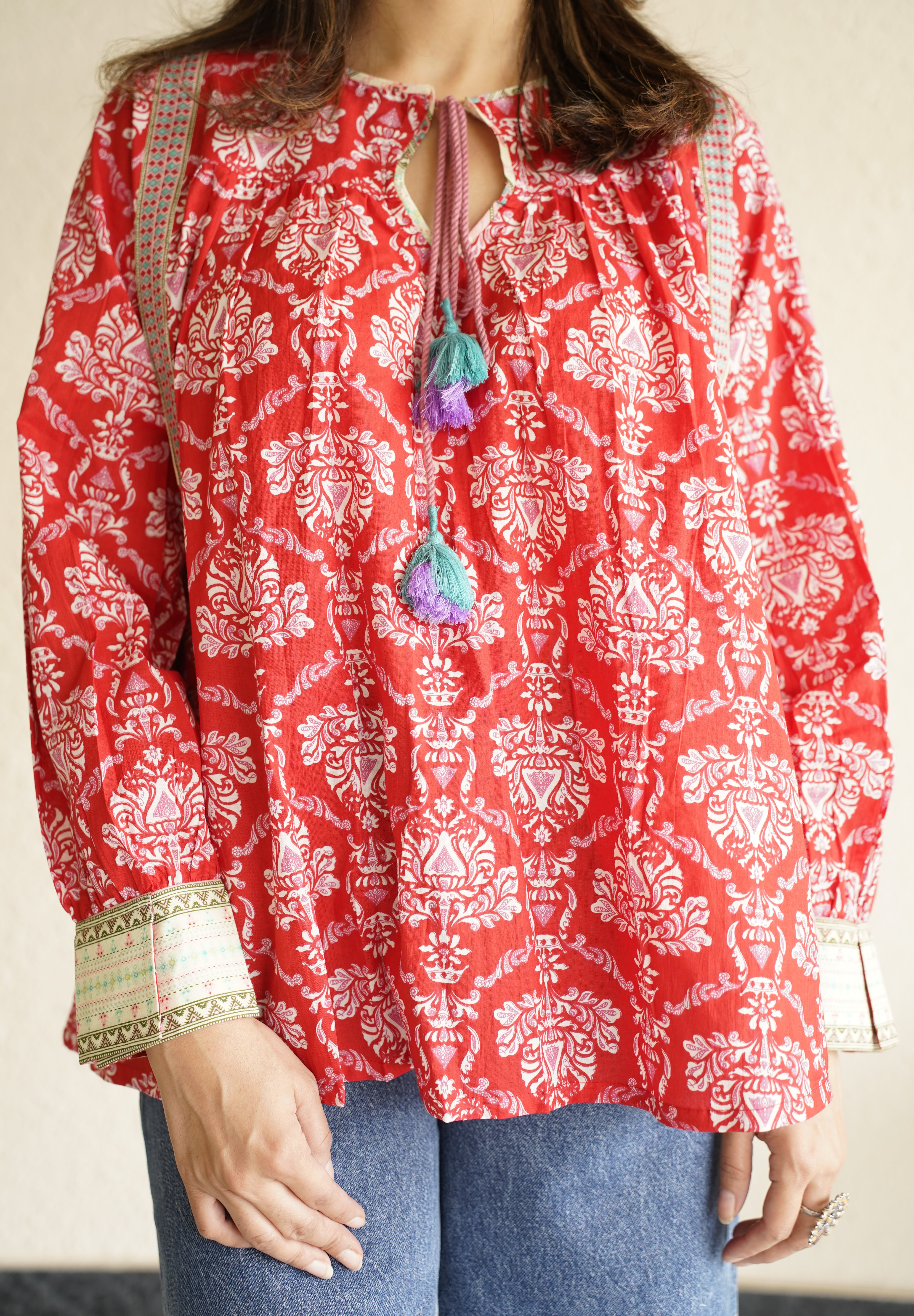 Ganga Red Floral Print Cotton Top