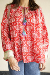 Ganga Red Floral Print Cotton Top