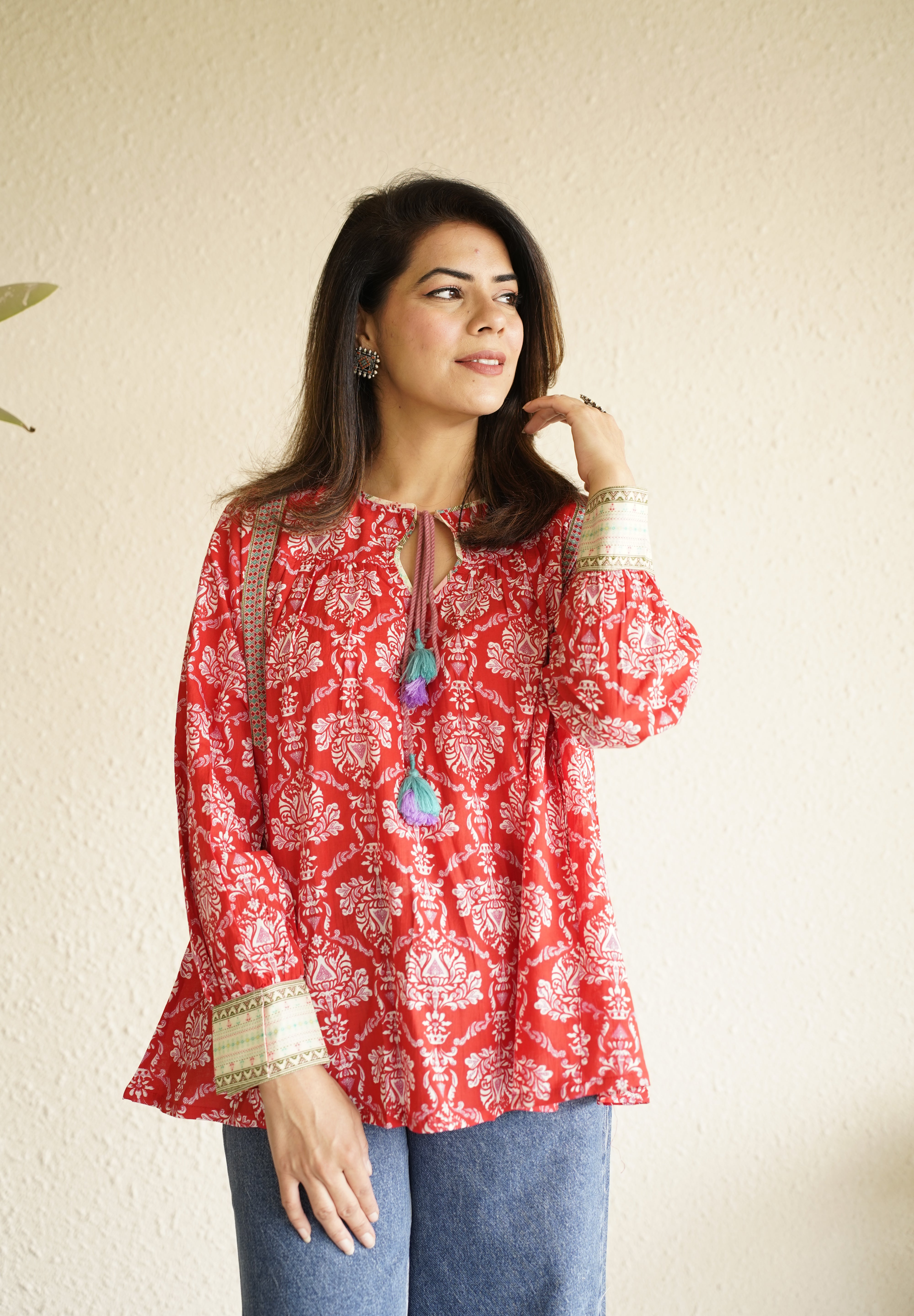 Ganga Red Floral Print Cotton Top