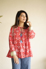 Ganga Red Floral Print Cotton Top