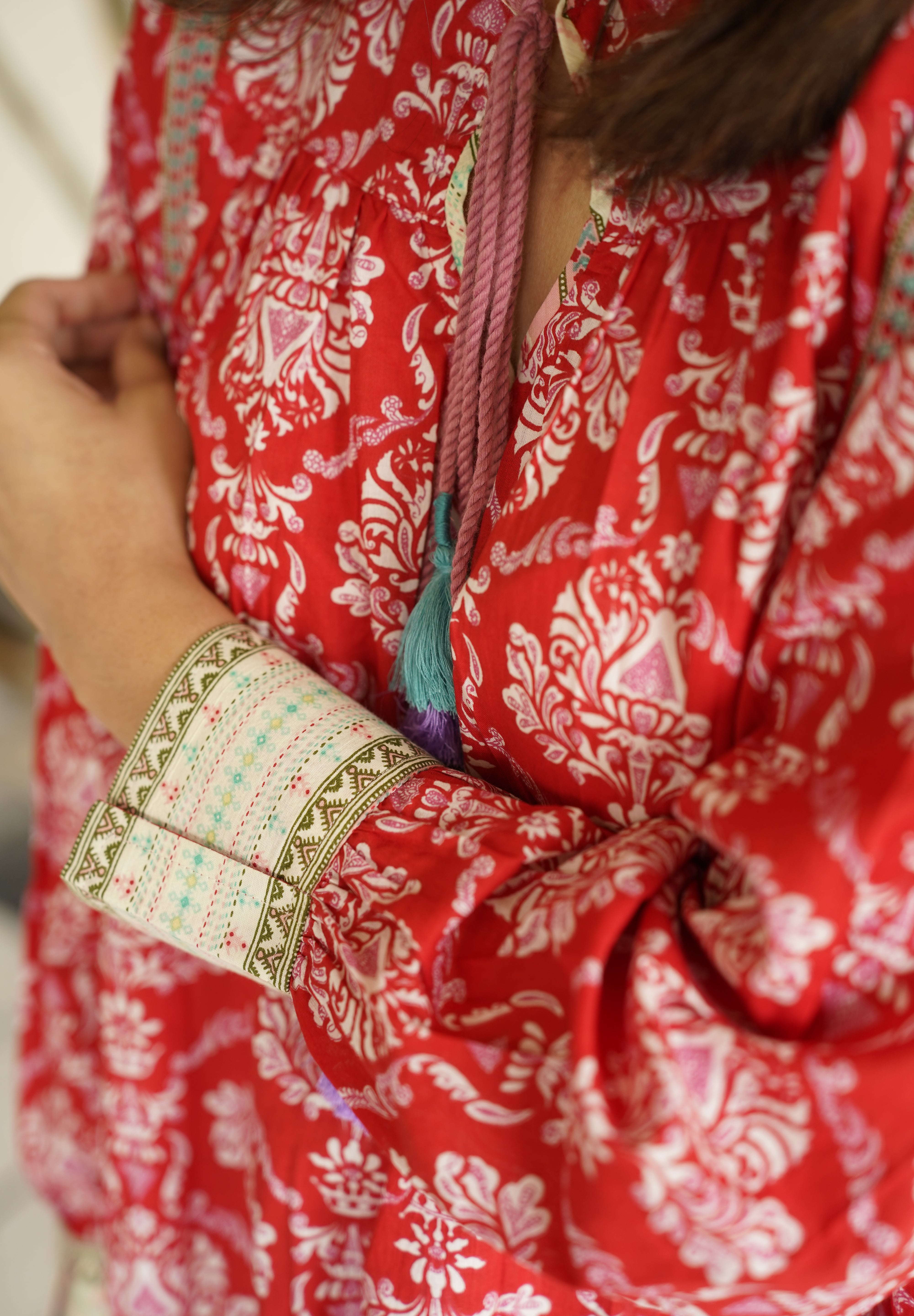 Ganga Red Floral Print Cotton Top