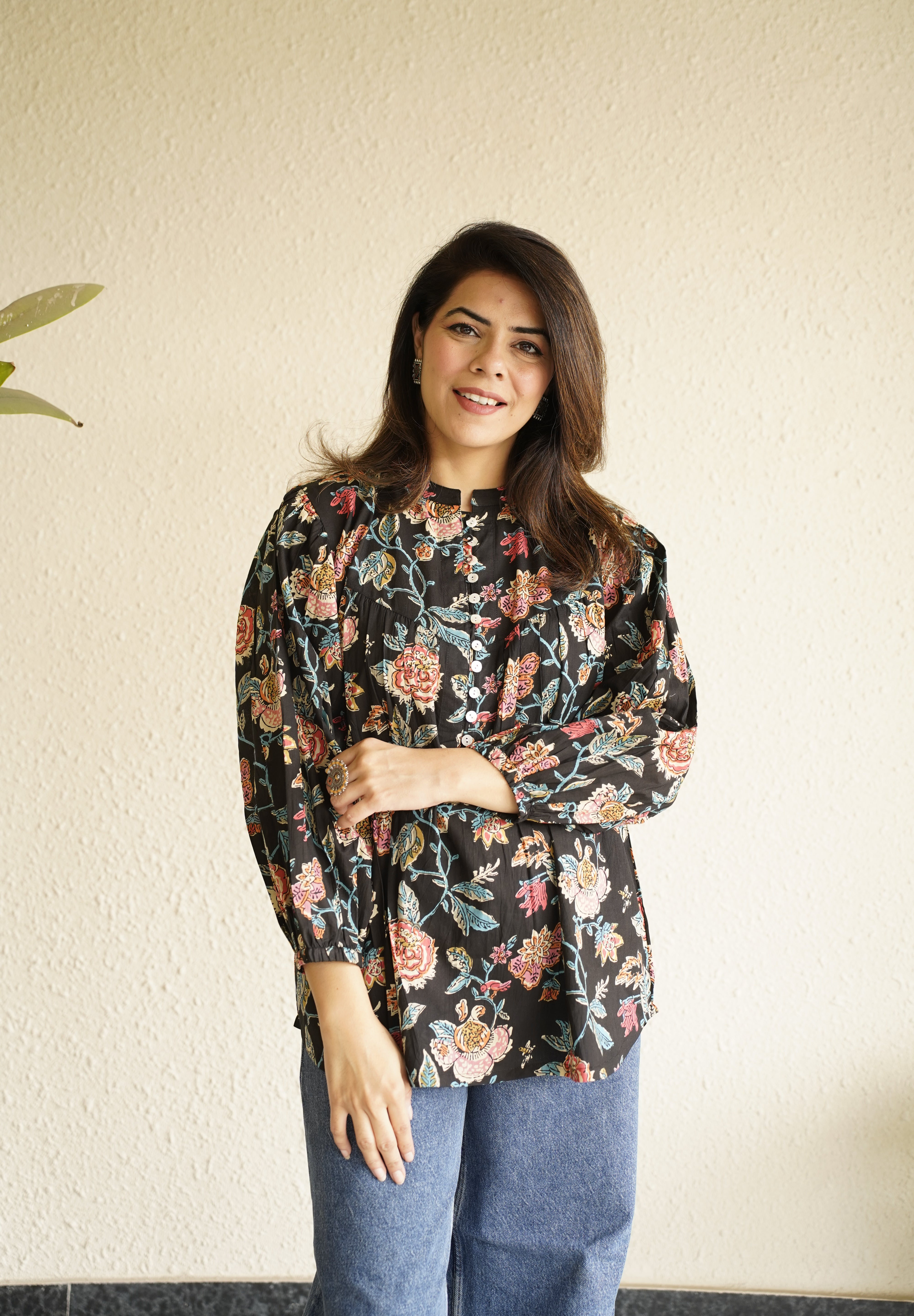 Black Floral Print Cotton Top