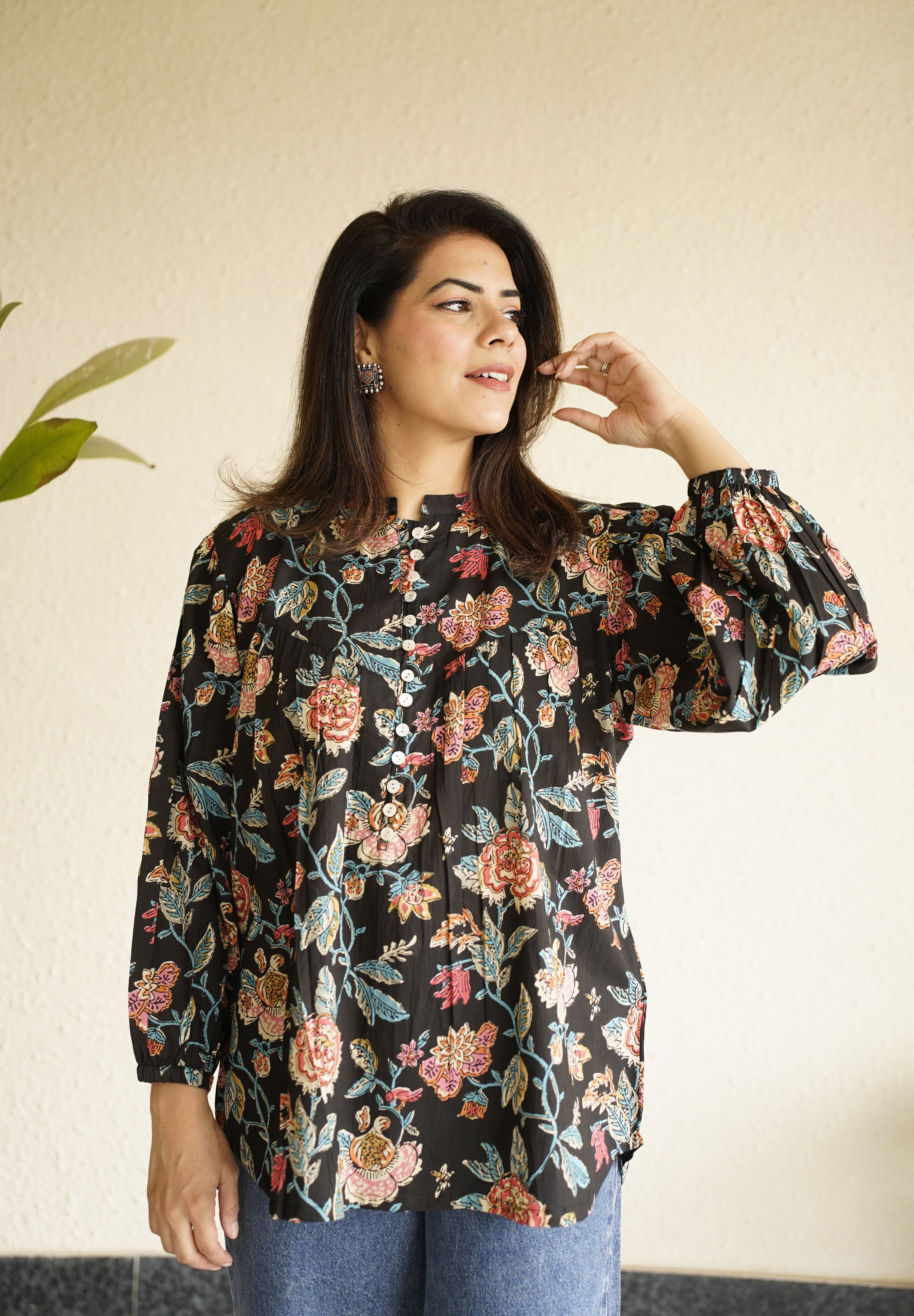 Black Floral Print Cotton Top