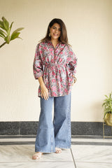 Grey Printed Shirt Style Kaftan Top