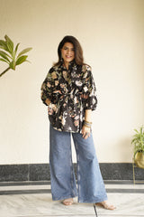 Black Printed Shirt Style Kaftan Top