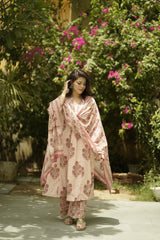 Pink Printed Sequinned Pure Cotton Kurta with Trousers & Dupatta