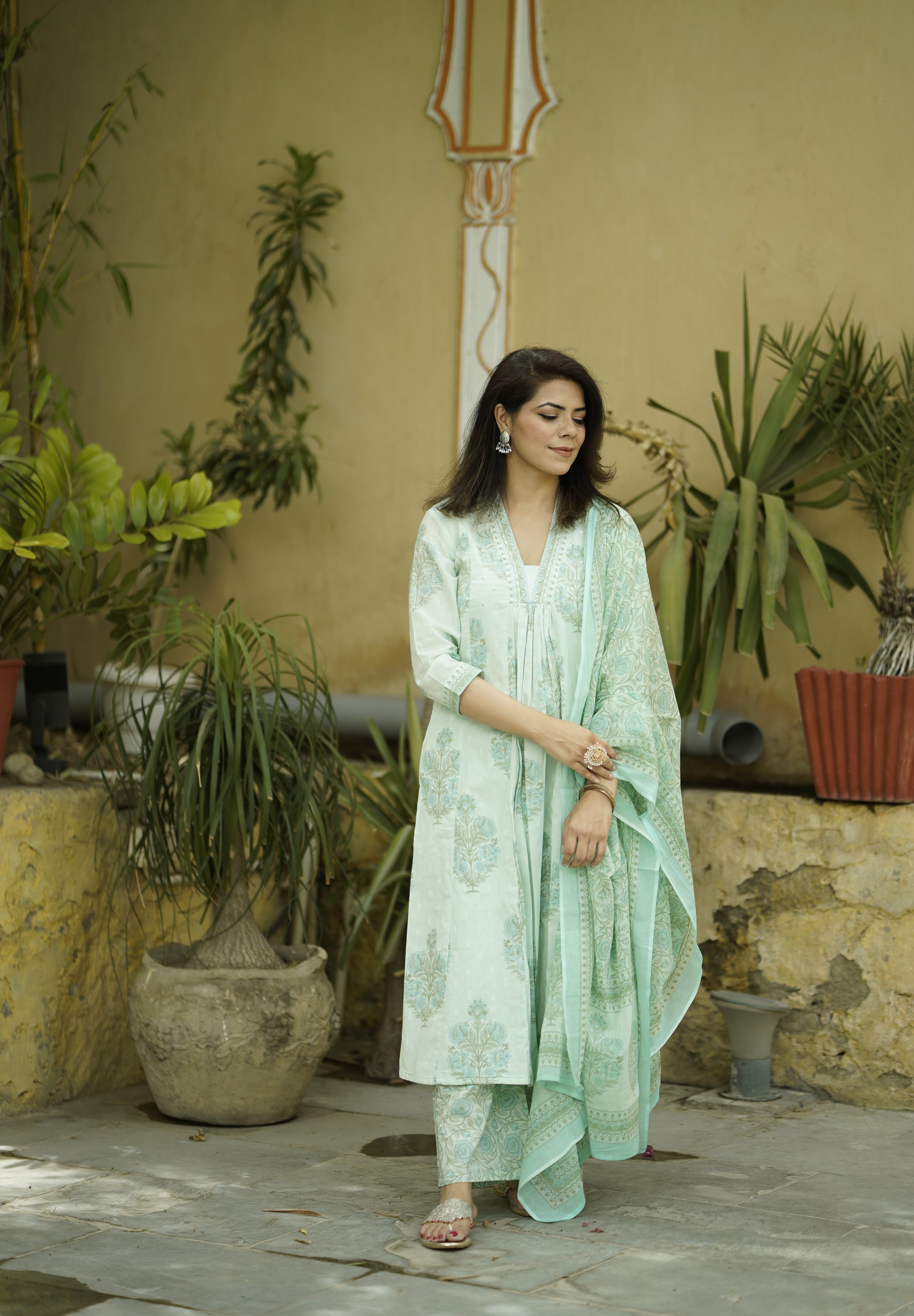 Mint Green Printed Sequinned Pure Cotton Kurta with Trousers & Dupatta