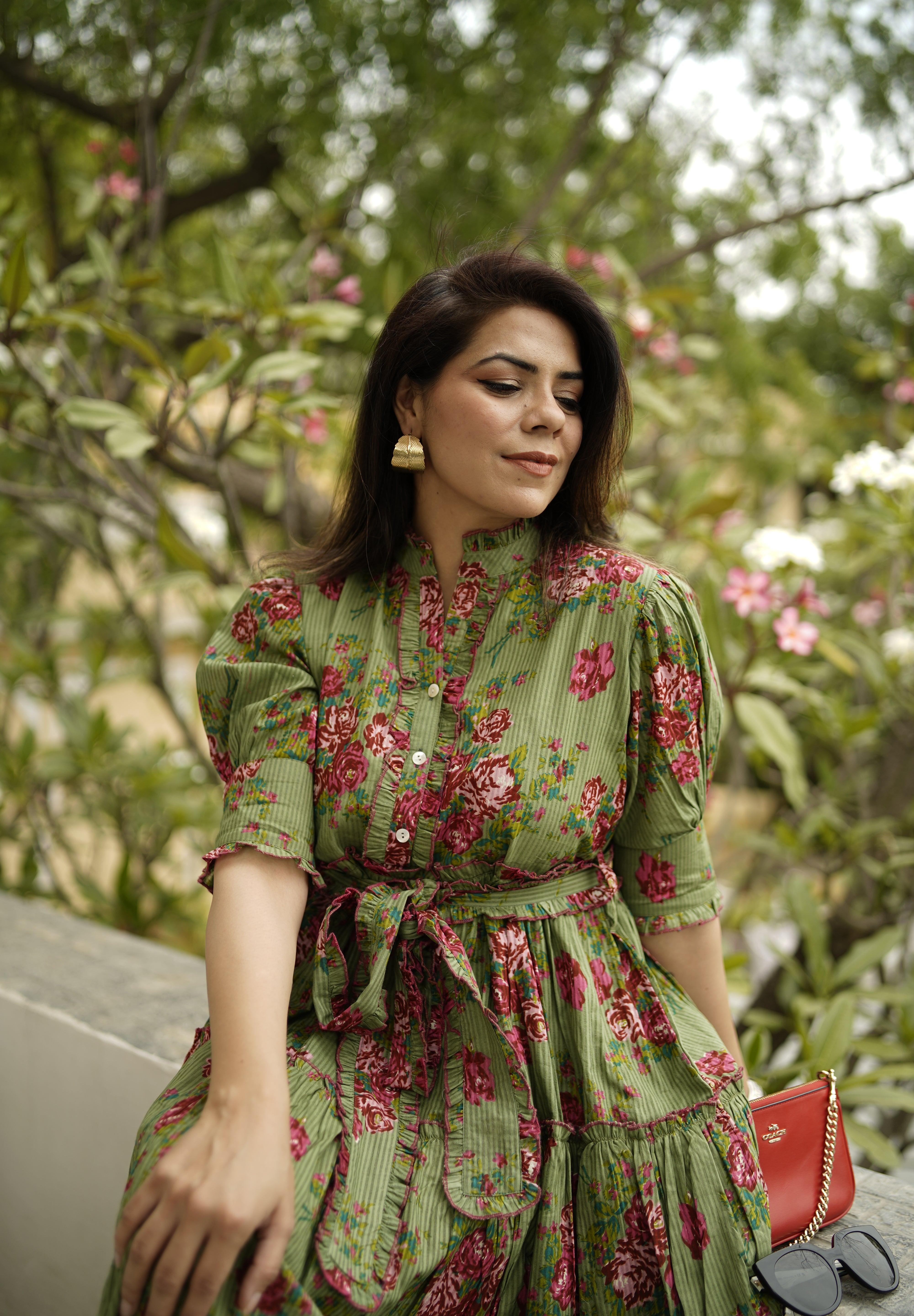 Green Floral Print Puff Sleeve Fit & Flare Midi Dress