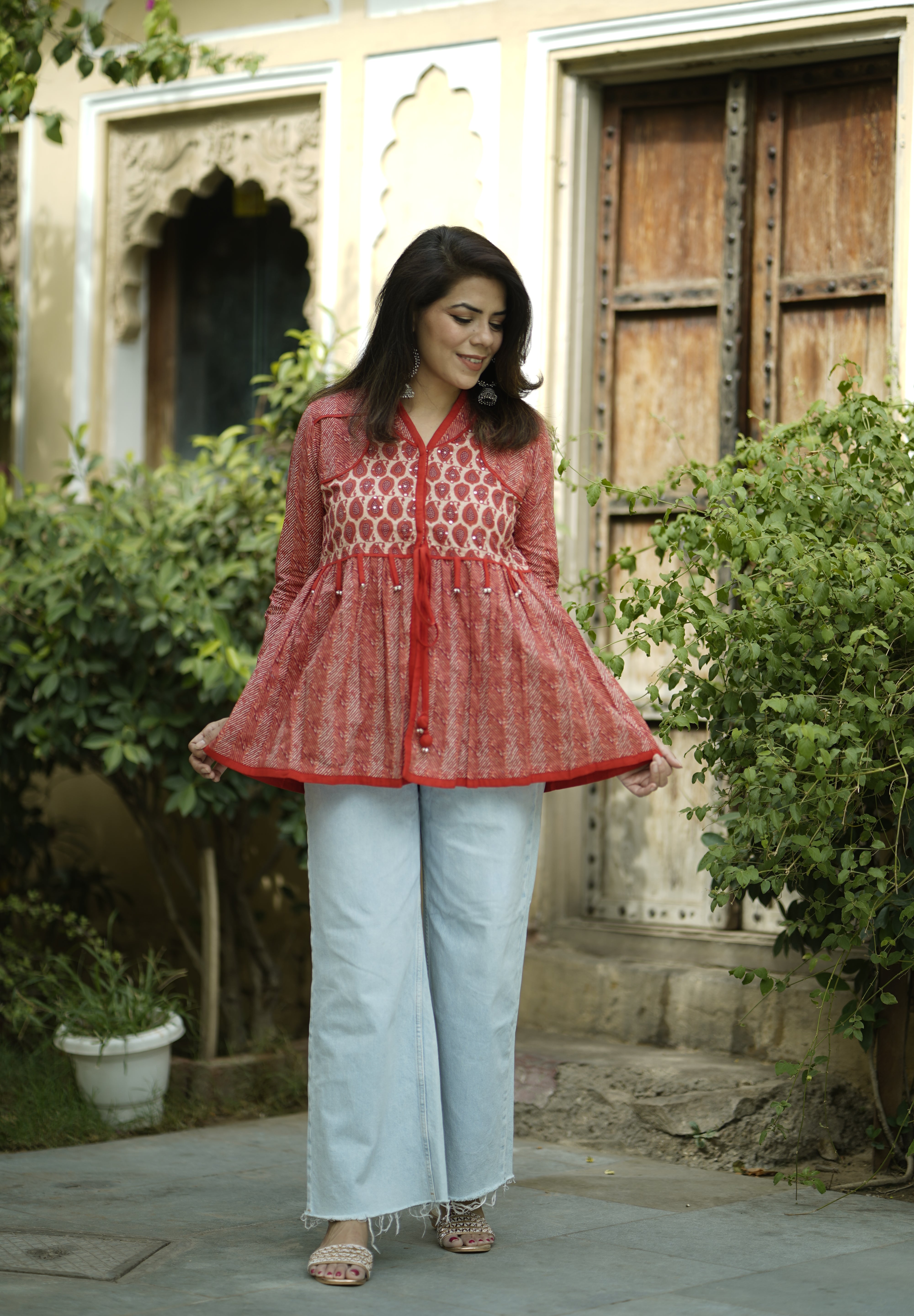 Red Printed Long Sleeves Peplum Top