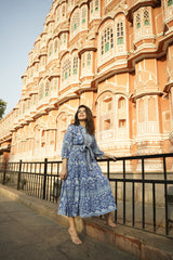 Blue floral printed tier dress