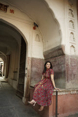 Red Flutter sleeves printed cotton dress