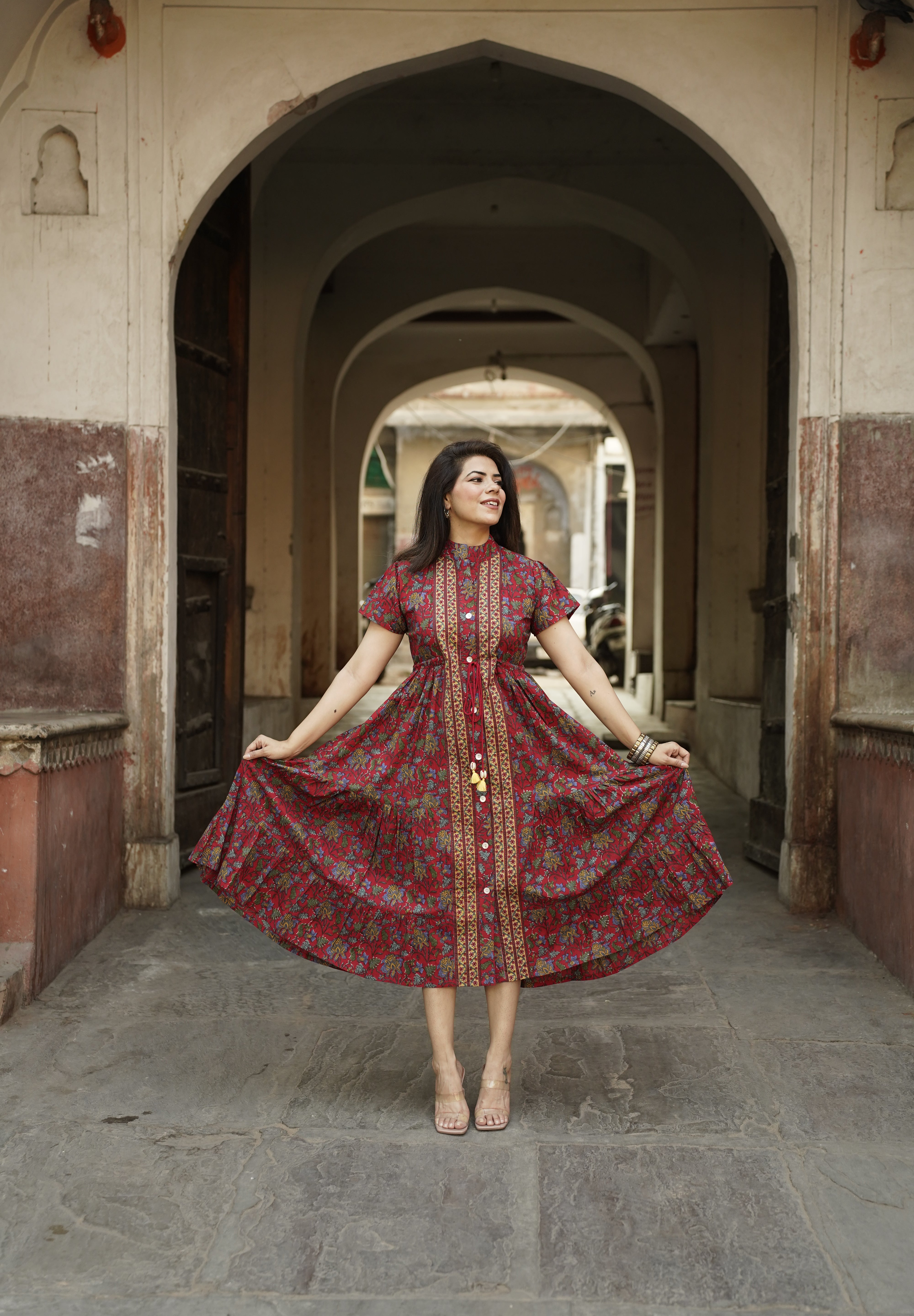 Red Flutter sleeves printed cotton dress