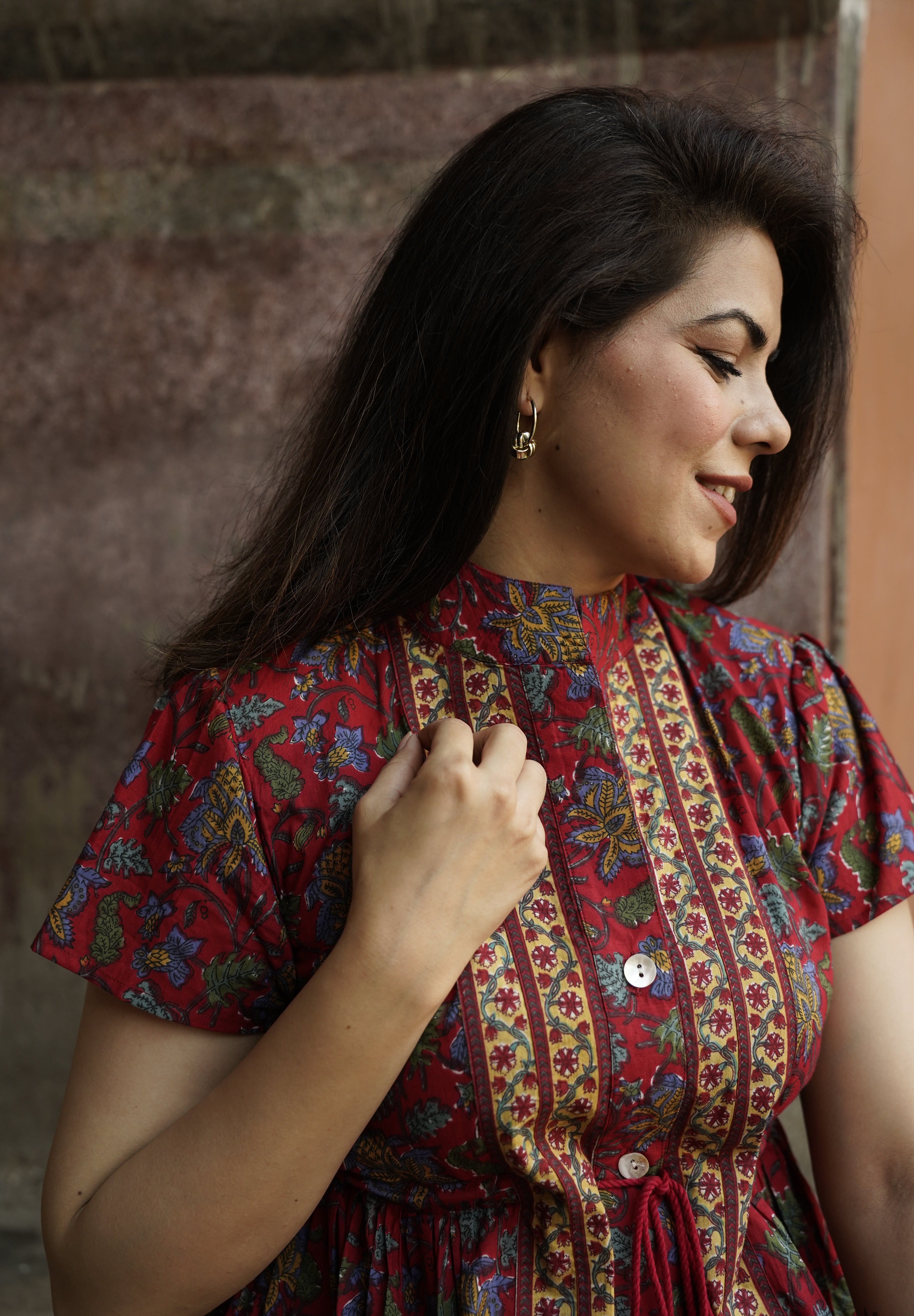 Red Flutter sleeves printed cotton dress