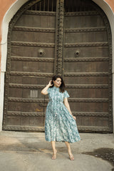 Aqua Blue Flutter sleeves printed cotton dress