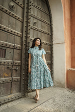 Aqua Blue Flutter sleeves printed cotton dress