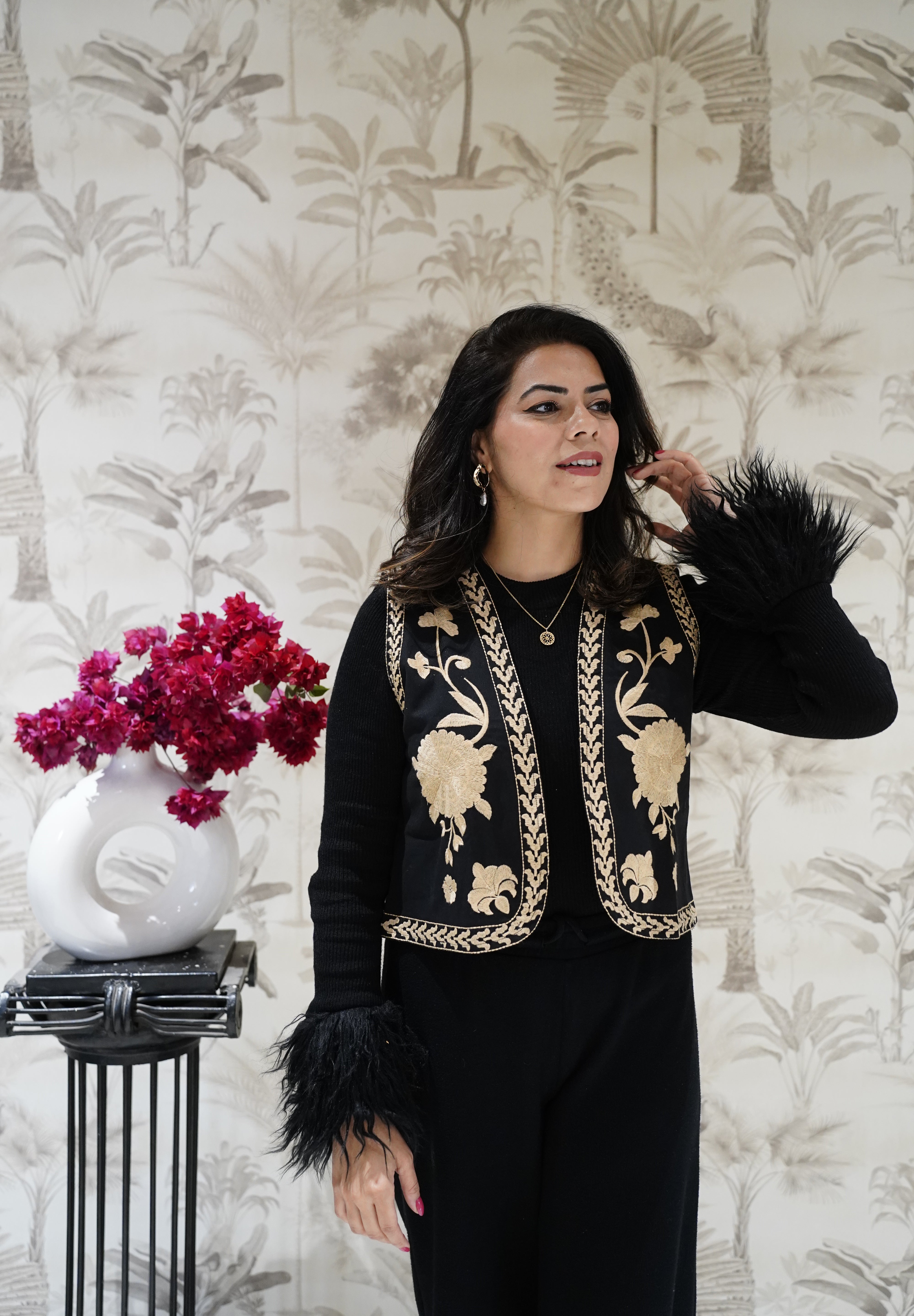 Black Embroidered  Lightweight Pure Cotton Open Front Jacket